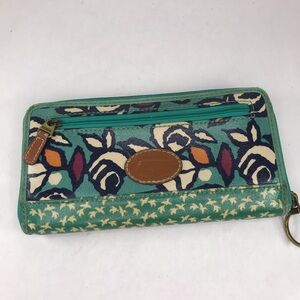 Fossil Coated Canvas Teal Blue Floral Zip Around Full Size Clutch Wallet